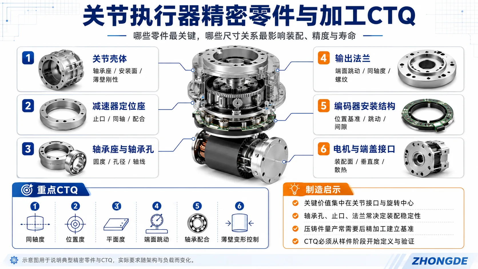 关节执行器精密零件与加工CTQ图解，展示关节壳体、减速器定位座、轴承座、输出法兰、编码器安装结构和电机端盖接口