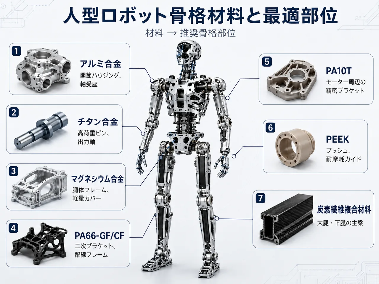 人型ロボット骨格材料と最適部位の対応図