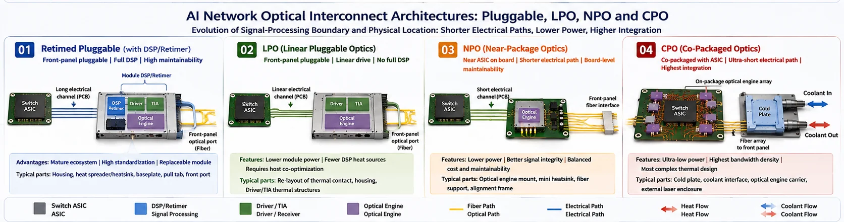Retimed Pluggable、LPO、NPO、CPOの比較図。DSP境界、光エンジン位置、電気経路、光ファイバー経路、熱管理、液冷構造の違いを示す