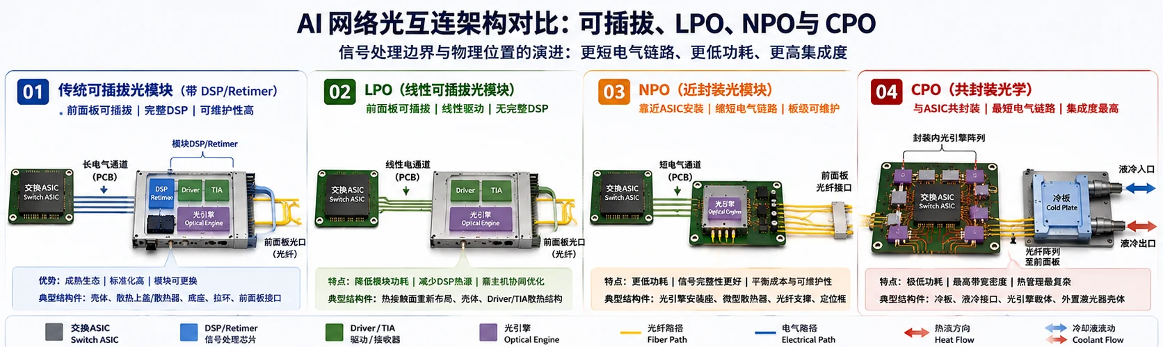 AI网络四种光互连架构对比图，展示传统可插拔光模块、LPO、NPO和CPO的DSP边界、光引擎位置、电气路径、光纤路径、热管理和液冷结构
